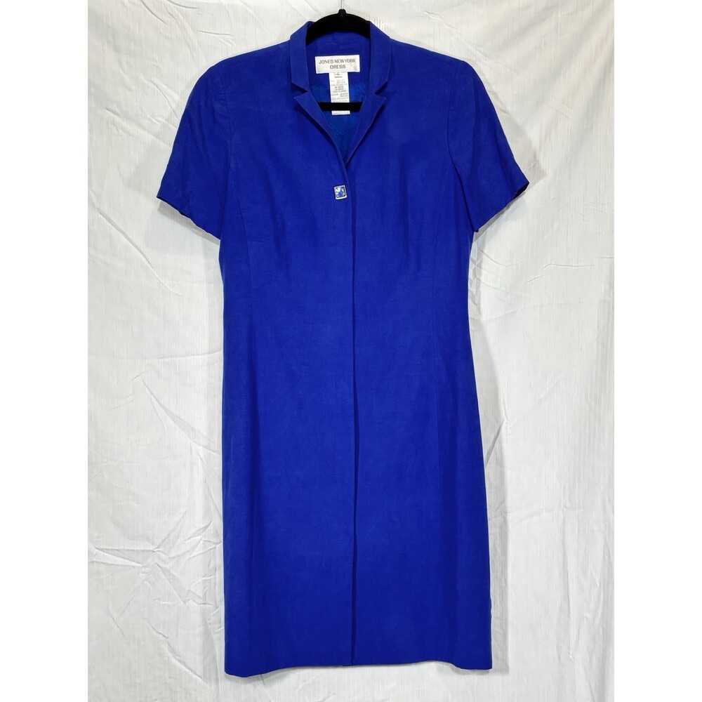 Vintage Blue Silk & Linen Tea Length Dress Size 6 80s Minimalist Short Sleeve